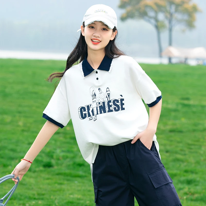 初中学生短袖少女T恤夏季polo领高中女生夏装上衣女大童可爱运动