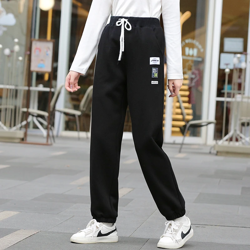 初中学生加绒运动裤春秋季韩版宽松少女大童高中女生冬装加厚裤子