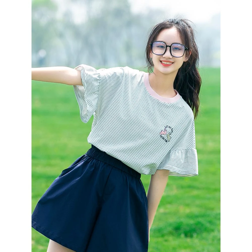 少女夏装初中学生短袖T恤条纹高中女生夏季上衣学院风荷叶袖显瘦