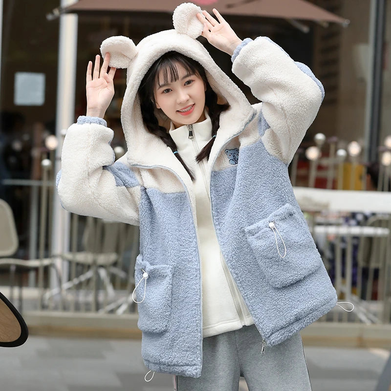 可爱小熊仿羊羔毛绒外套冬初中学生少女冬装加绒大衣加厚棉服棉衣