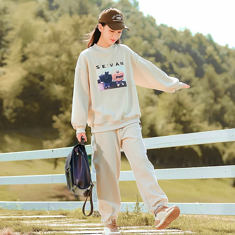 初中学生时尚女孩套装冬季高中女生运动加绒卫衣加厚少女大童时髦