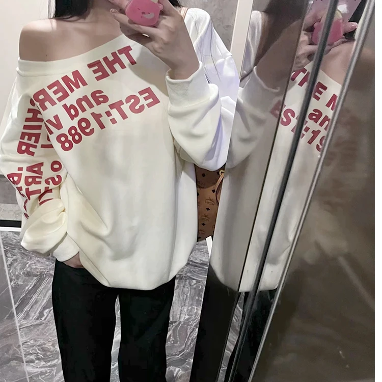 重磅300g斜肩字母美式斜肩露肩套头正肩卫衣女秋辣妹性感上衣