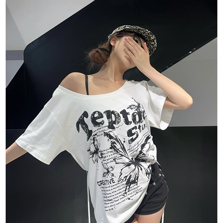 美式复古蝴蝶印花露肩短袖T恤女夏季慵懒风宽松休闲百搭上衣ins