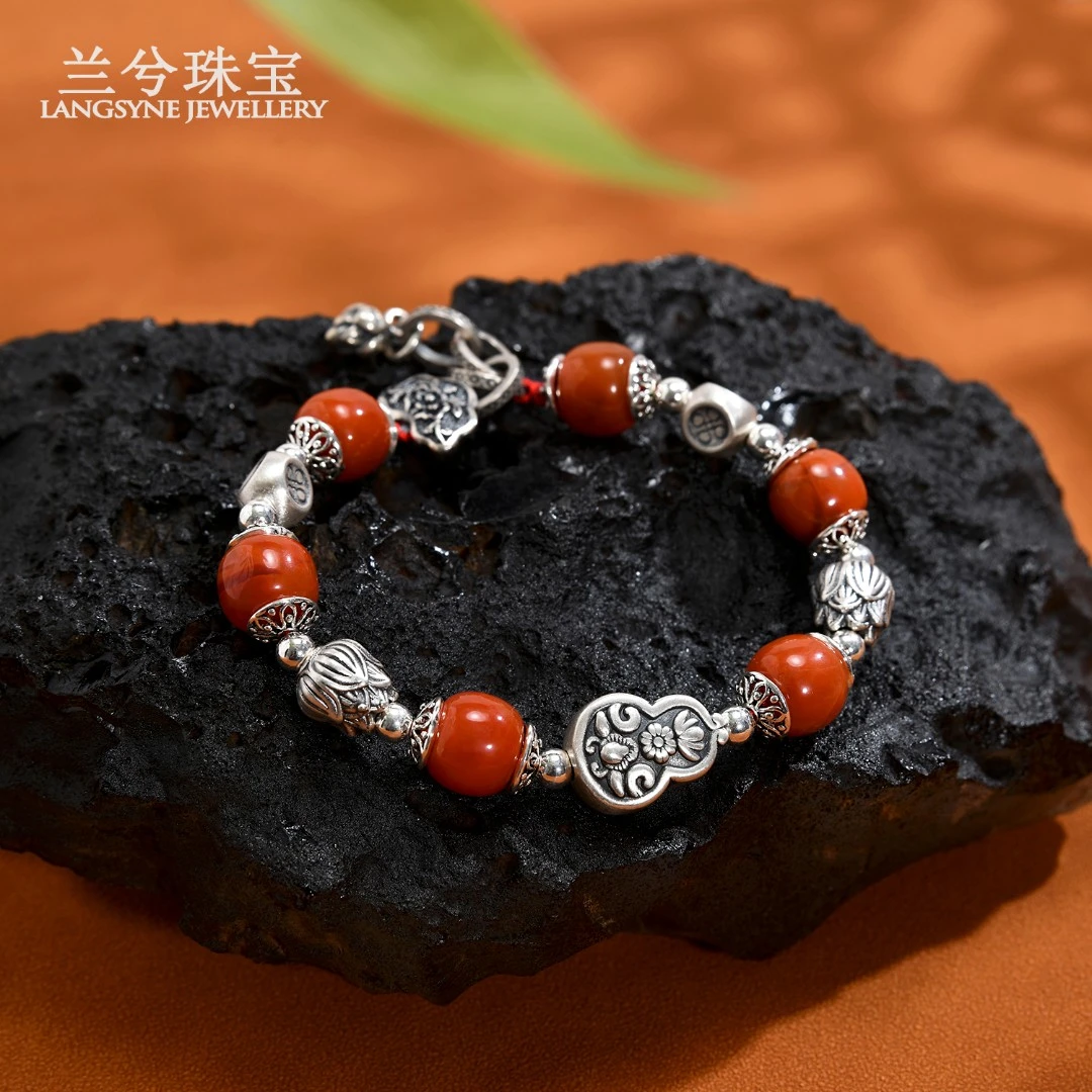 s925银莲花葫芦南红玛瑙好事三莲手链女款手工国风个性单圈L0342
