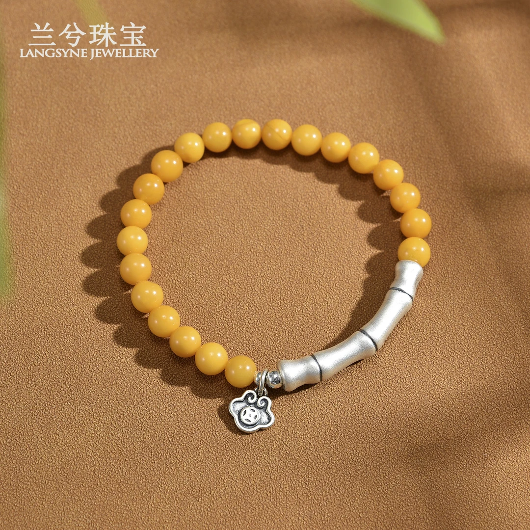 925银竹节弯管如意蜜蜡单圈手链女款百搭简约国潮气质时尚L0297