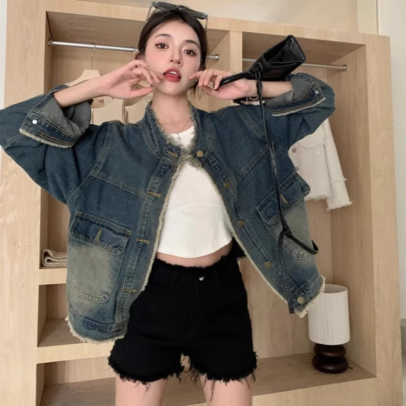 设计港风复古毛边水洗2025口袋新款牛仔外套宽松显瘦上衣夹克薄款