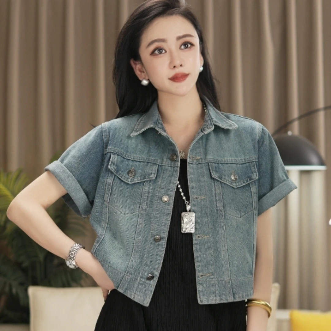 复古港风短袖牛仔外套女新款夏季韩版时尚宽松显瘦休闲短开衫上衣