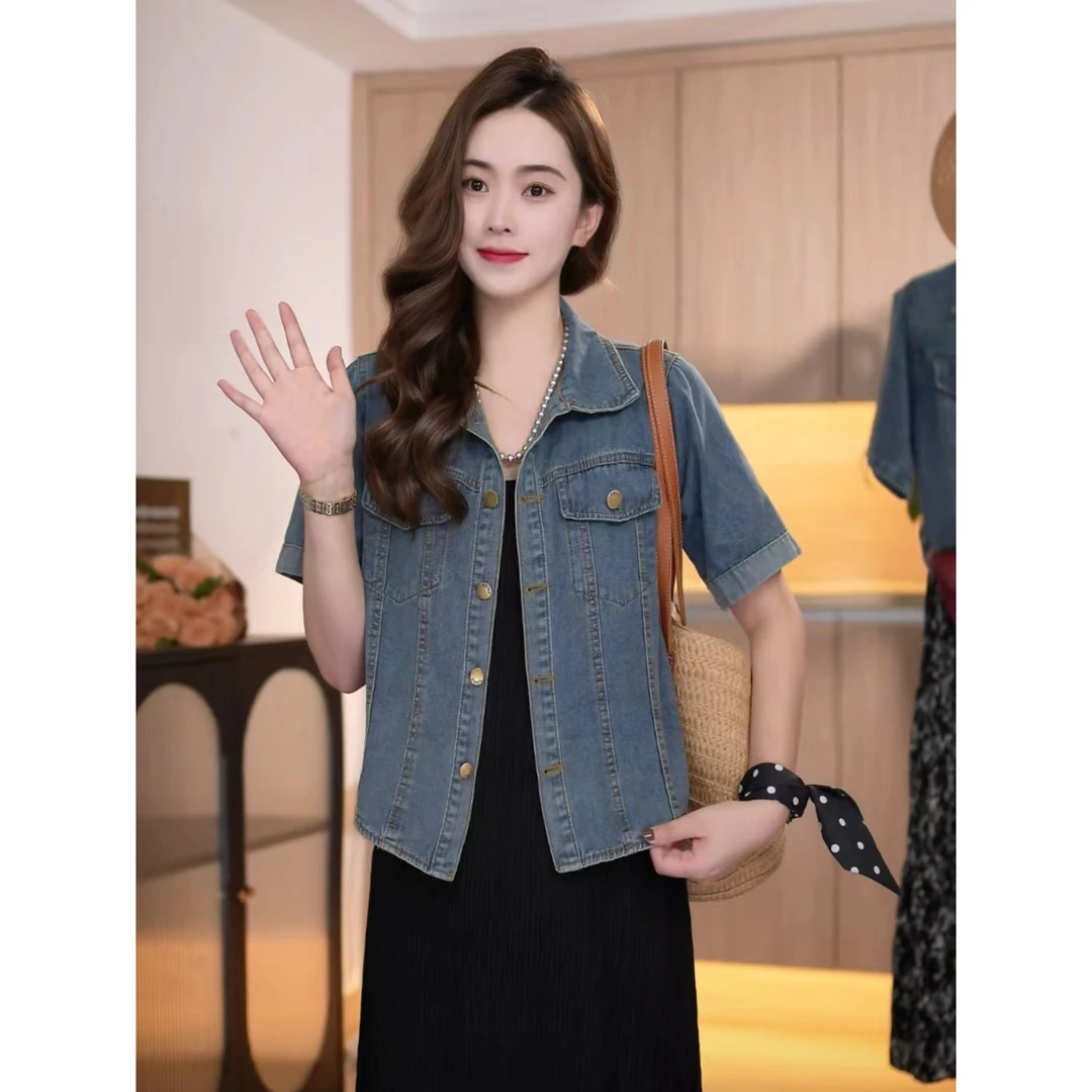 复古风薄款短袖牛仔衬衫外套女新款夏季宽松显瘦短款开衫夹克上衣
