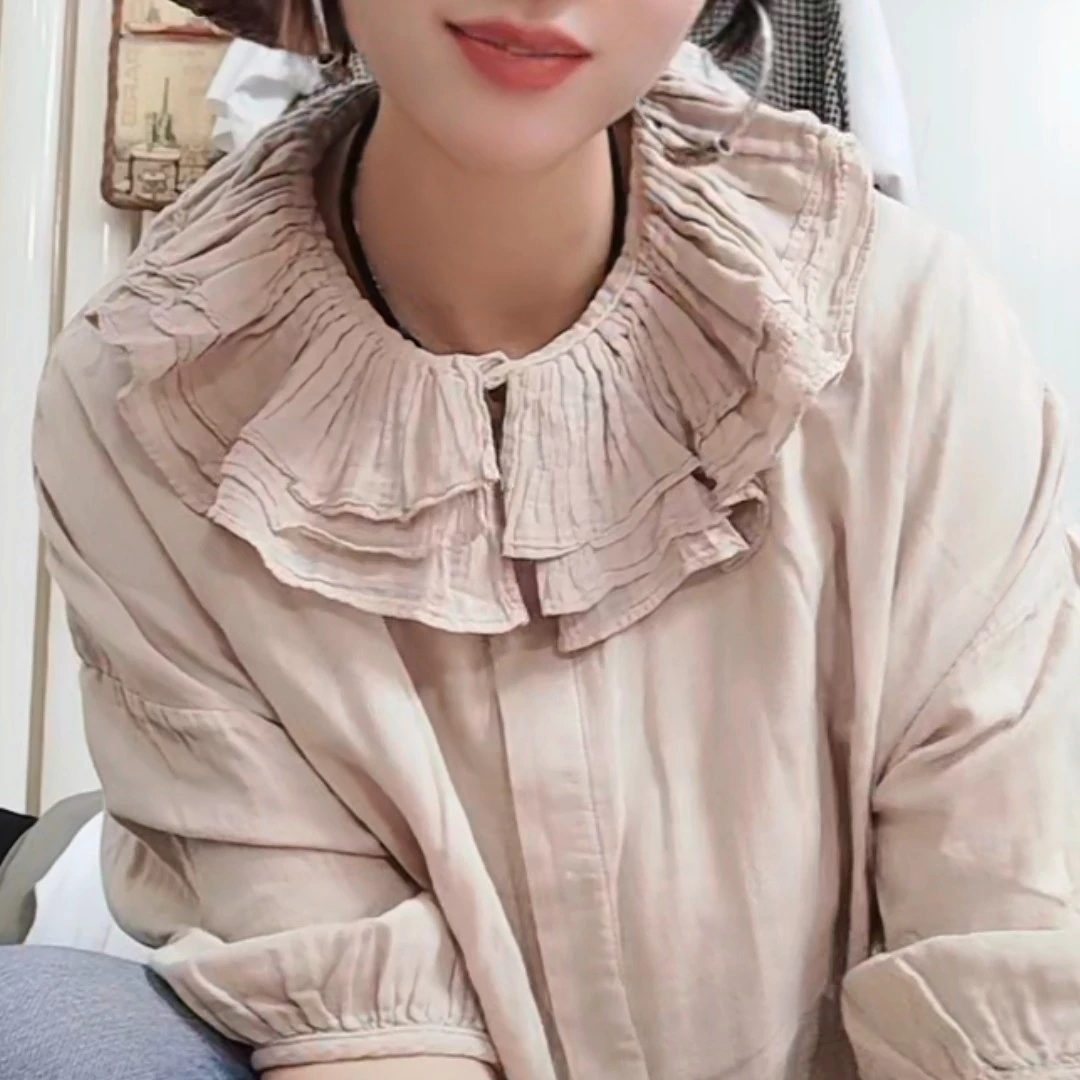 e秀-66999长袖翻领纯色百搭秋季春季甜美白色夏季荷叶边小众洋气