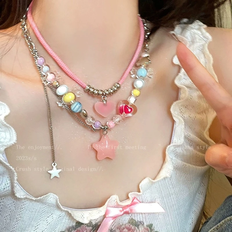 合金项链 多巴胺穿搭星星彩色串珠项链小众设计感甜酷辣妹锁骨链
