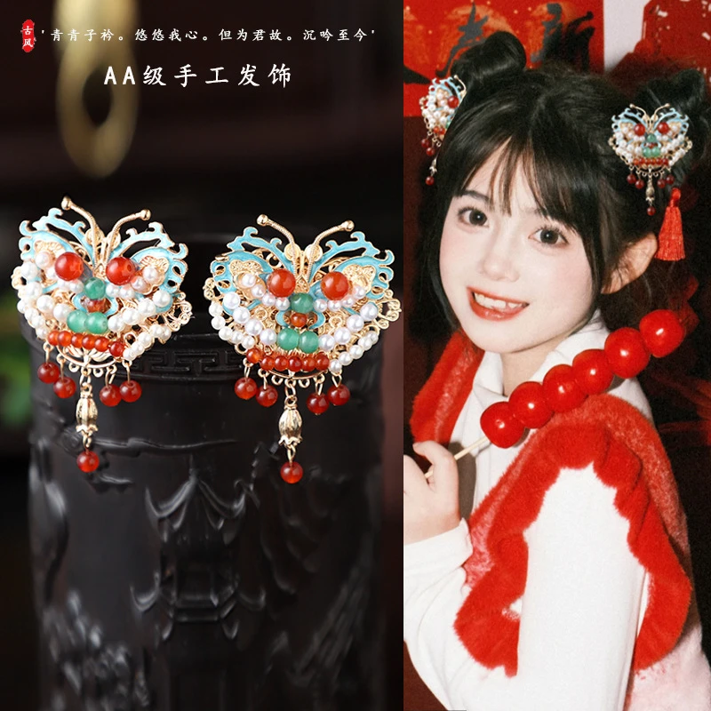 汉服新年头饰配饰古风醒狮精致小边夹对夹侧边流苏发饰中国风夹子