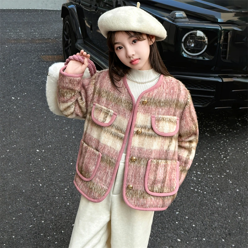 2024秋新款洋气女童格子小香风外套夹棉加厚呢子外套韩版气质上衣