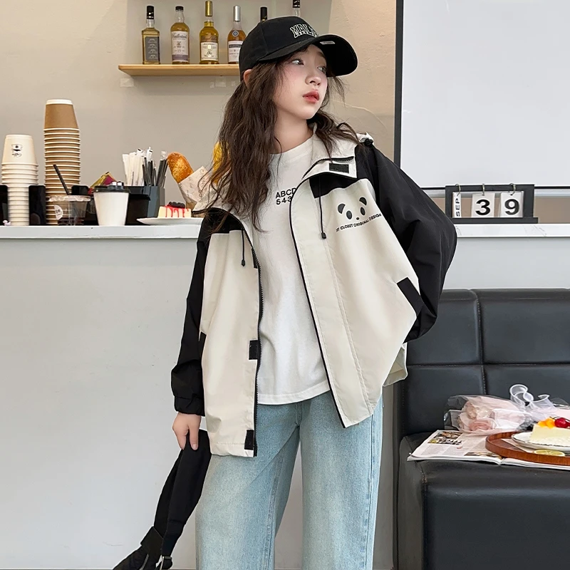 2024秋新款洋气休闲熊猫连帽外套时尚韩版宽松拼色外套运动风上衣