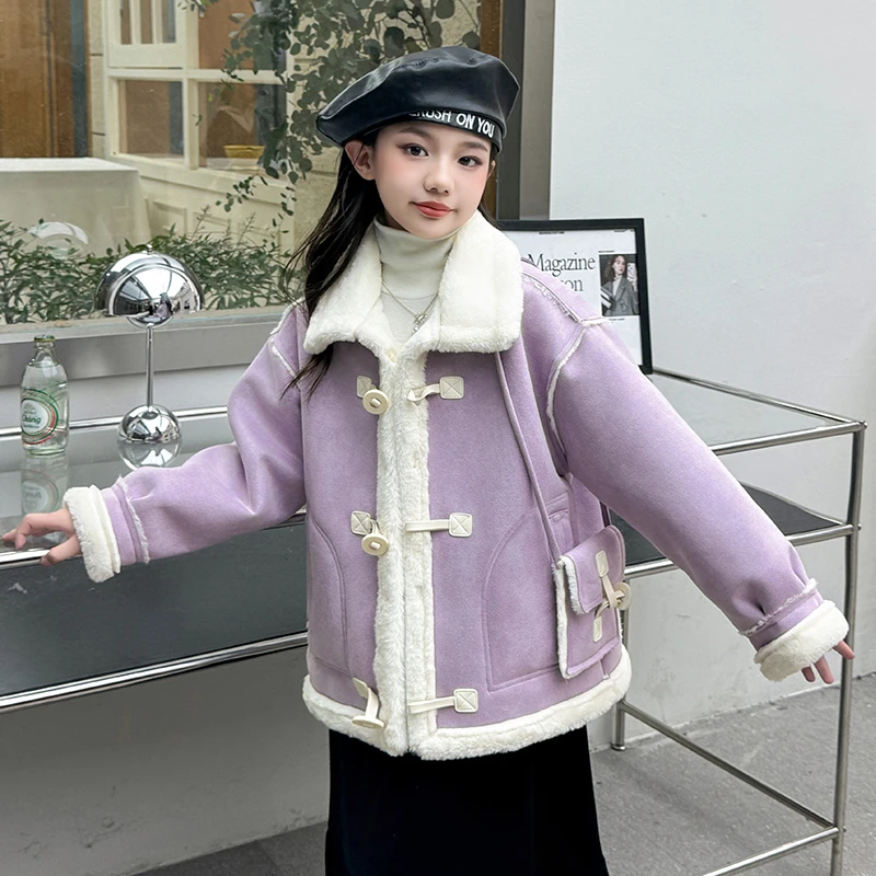 2024冬季新款洋气女童休闲时尚毛毛外套简约高级上衣加绒加厚外套