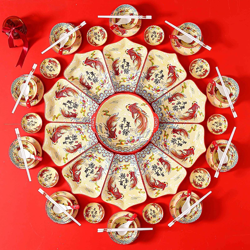 中国风陶瓷拼盘餐具组合套装家用碗碟菜盘砂锅过年聚餐圆桌盘送礼