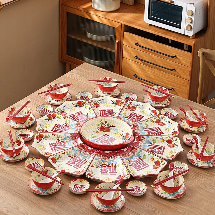 国风陶瓷餐具家用碗碟饭碗汤碗碗筷勺套装组合家用圆桌餐盘年夜饭