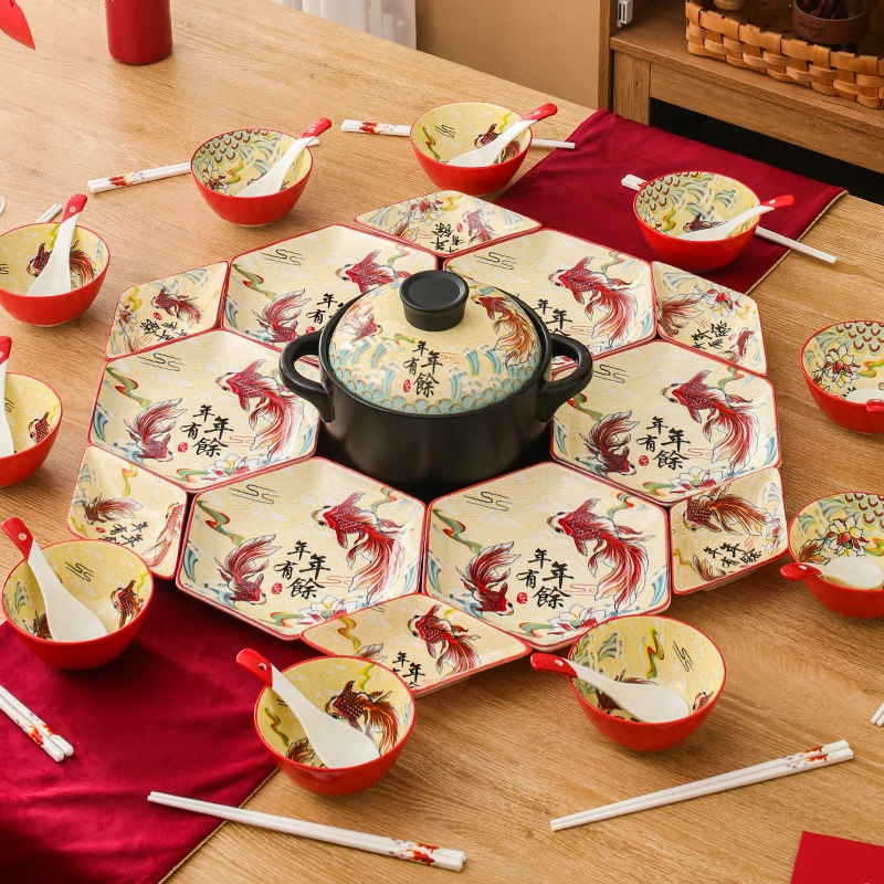 中式创意陶瓷网红餐具家用碗盘饭碗六角盘喜庆乔迁送礼餐具组合