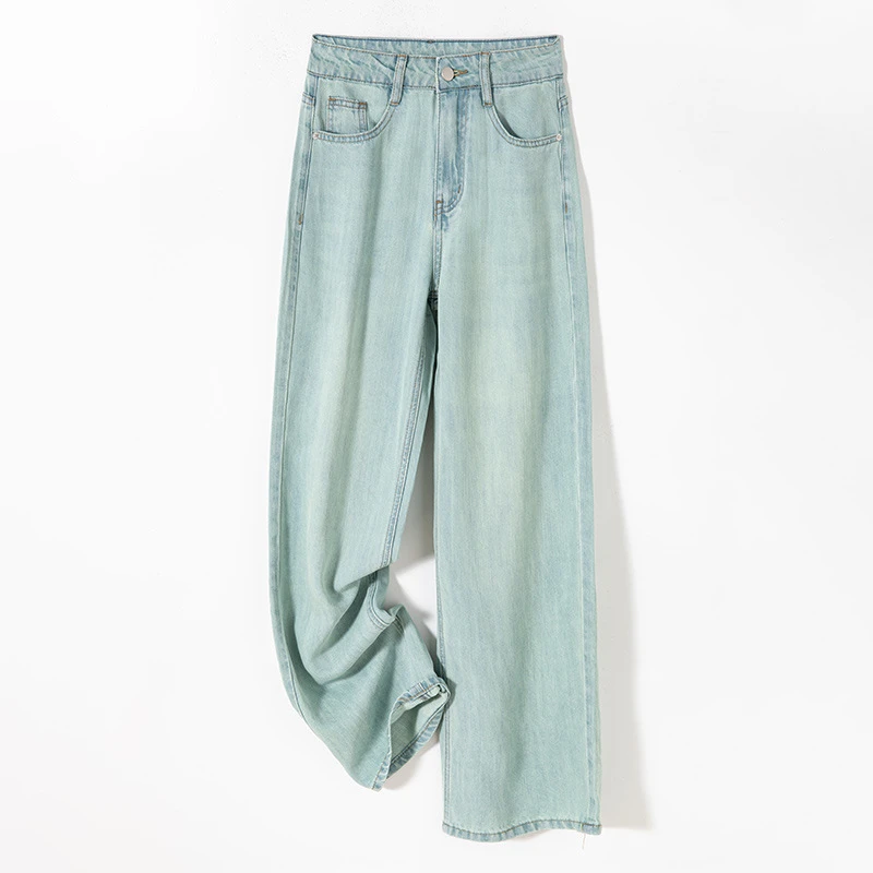 莱赛尔琥珀绿高腰垂感宽松阔腿裤女2025夏季显瘦牛仔裤