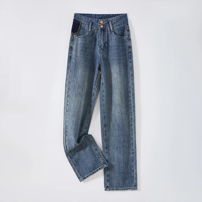 窄版女显瘦复古蓝高腰双扣撞色阔腿牛仔裤36231