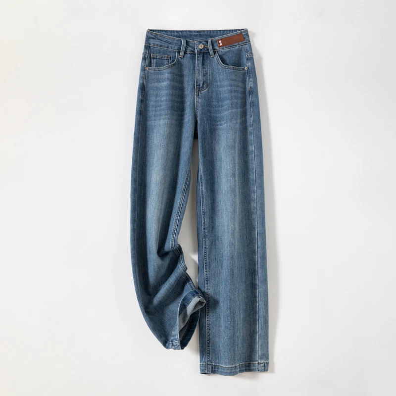 夏季新款宽松蓝色百搭窄版显瘦高腰阔腿牛仔裤女7058