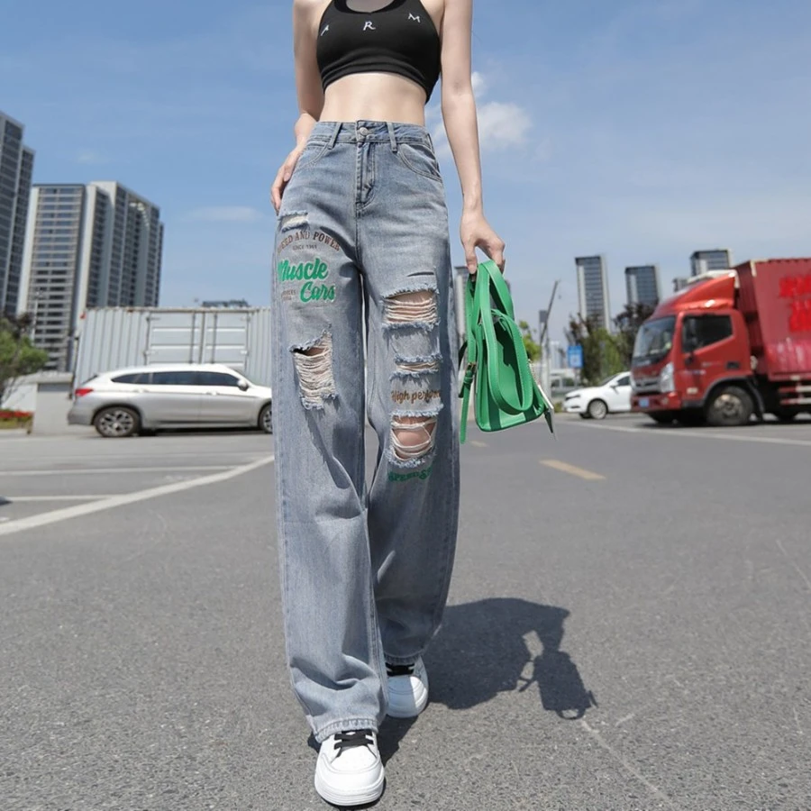 个性百搭破洞牛仔裤女2025新款直筒宽松复古刺绣高腰拖地阔腿裤子