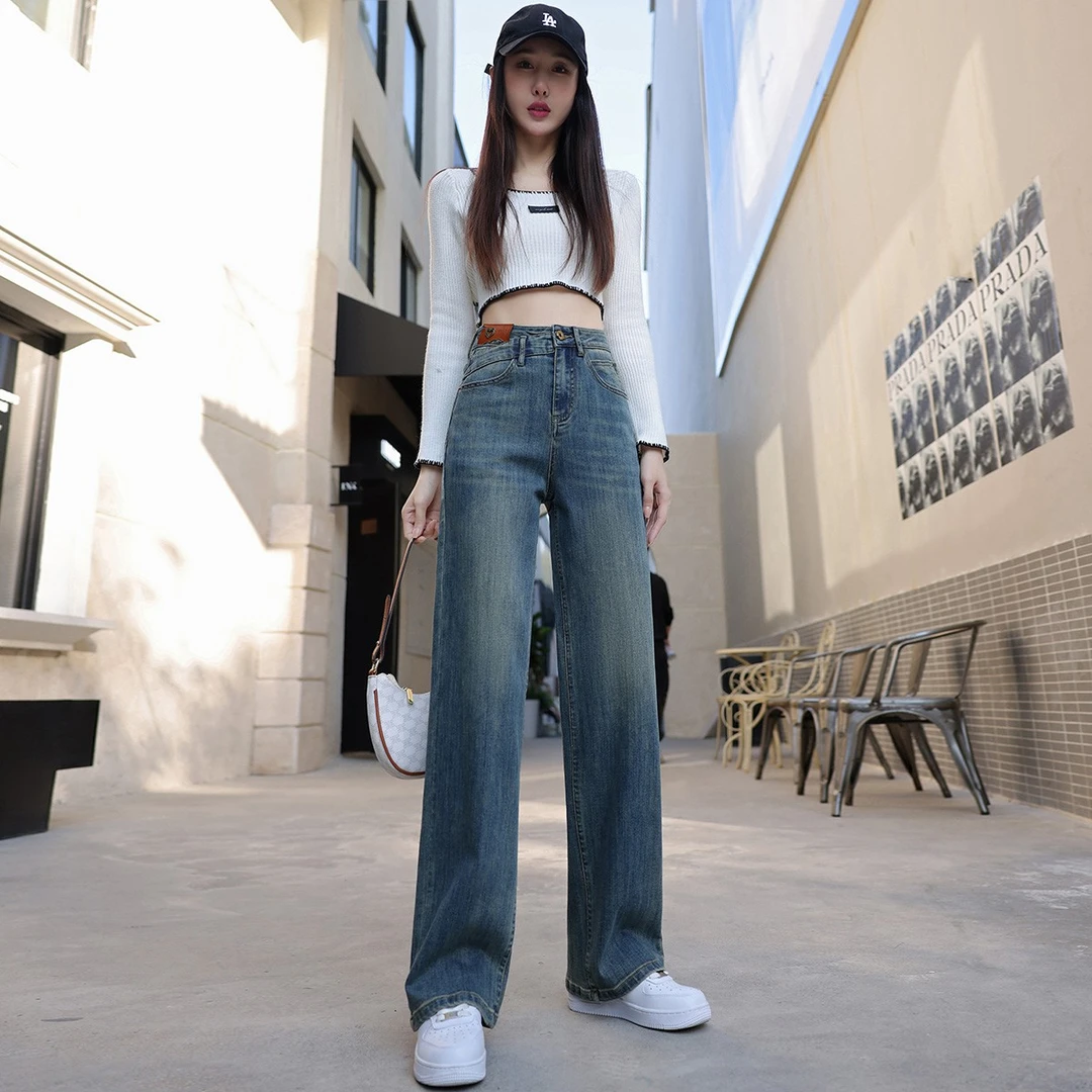 小个子窄版阔腿牛仔裤女高腰设计感复古蓝直筒拖地裤2025新款加绒