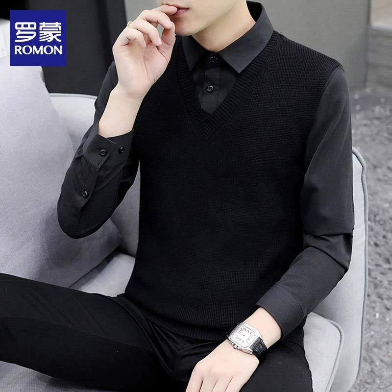 罗蒙假两件毛衣男士秋冬季新款潮流打底上衣休闲衬衫领针织衫男装
