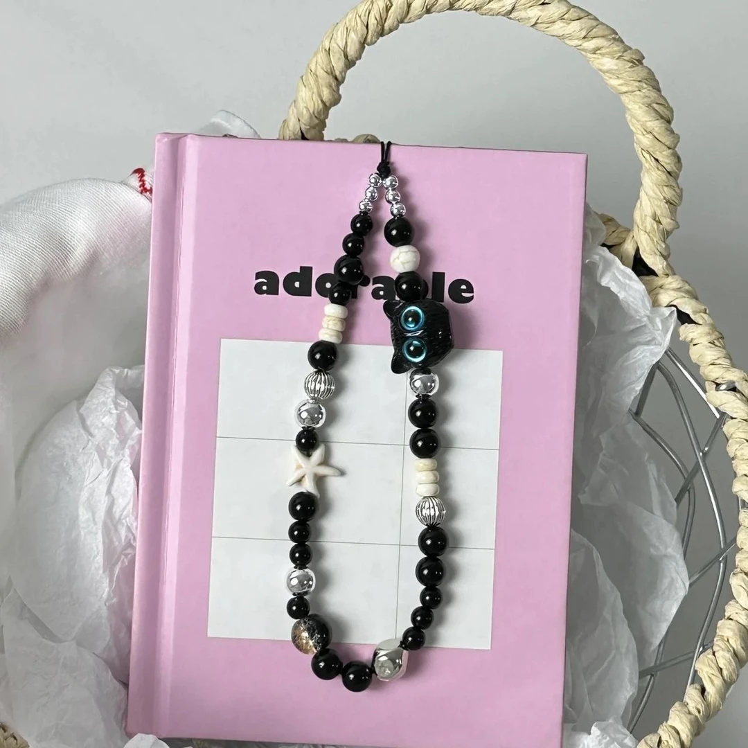 ins风日韩辣妹黑猫手机链ccd相机小众串珠挂绳高级感短款手腕挂绳