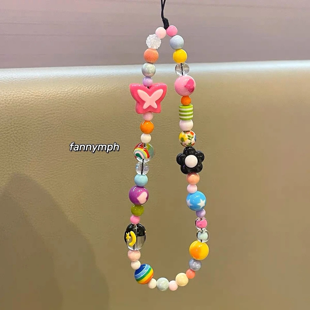 可爱甜美风彩虹糖果花朵手机链条辣妹挂件ccd相机串珠手腕绳卡通