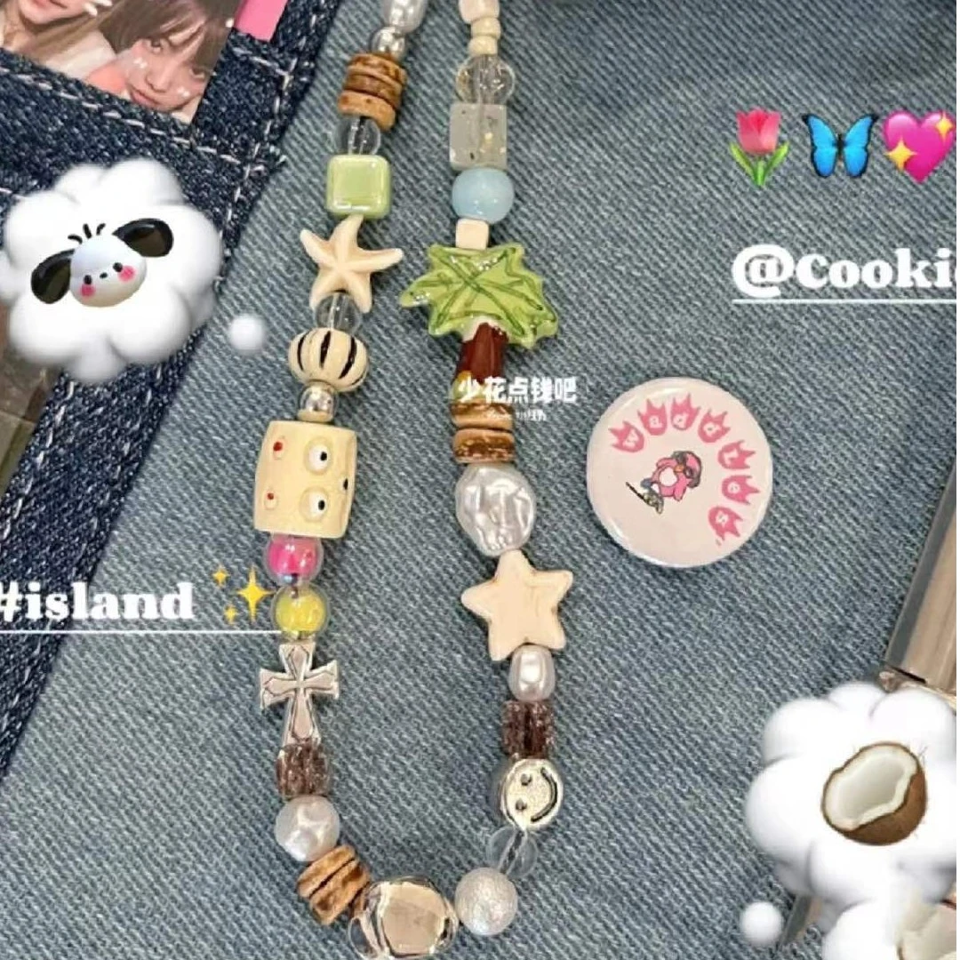 韩国ins海岛椰树自制夏日手机链ccd相机清新手机壳挂饰挂件美少女