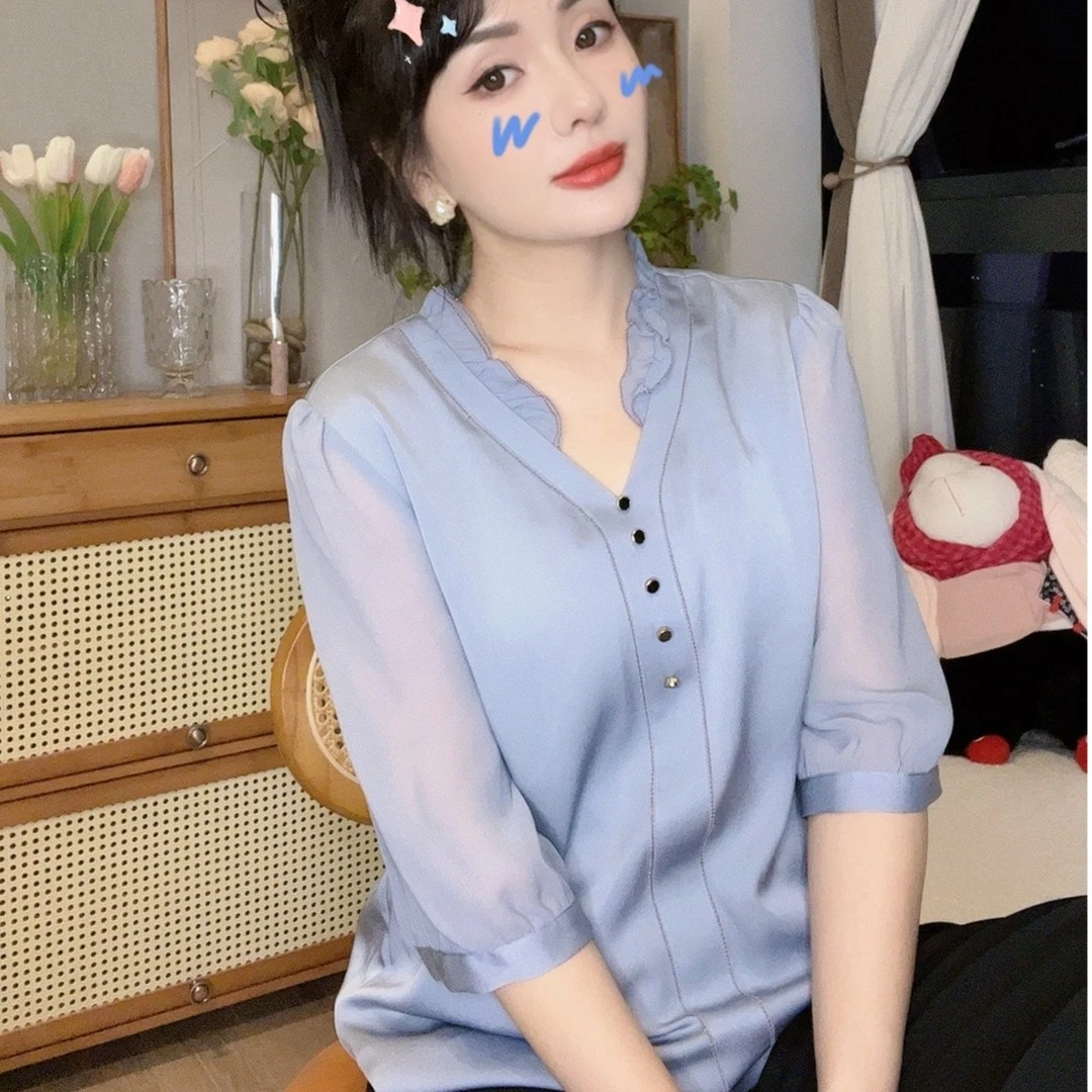 《叶子妃》22姆米重磅桑蚕丝绣花衬衫