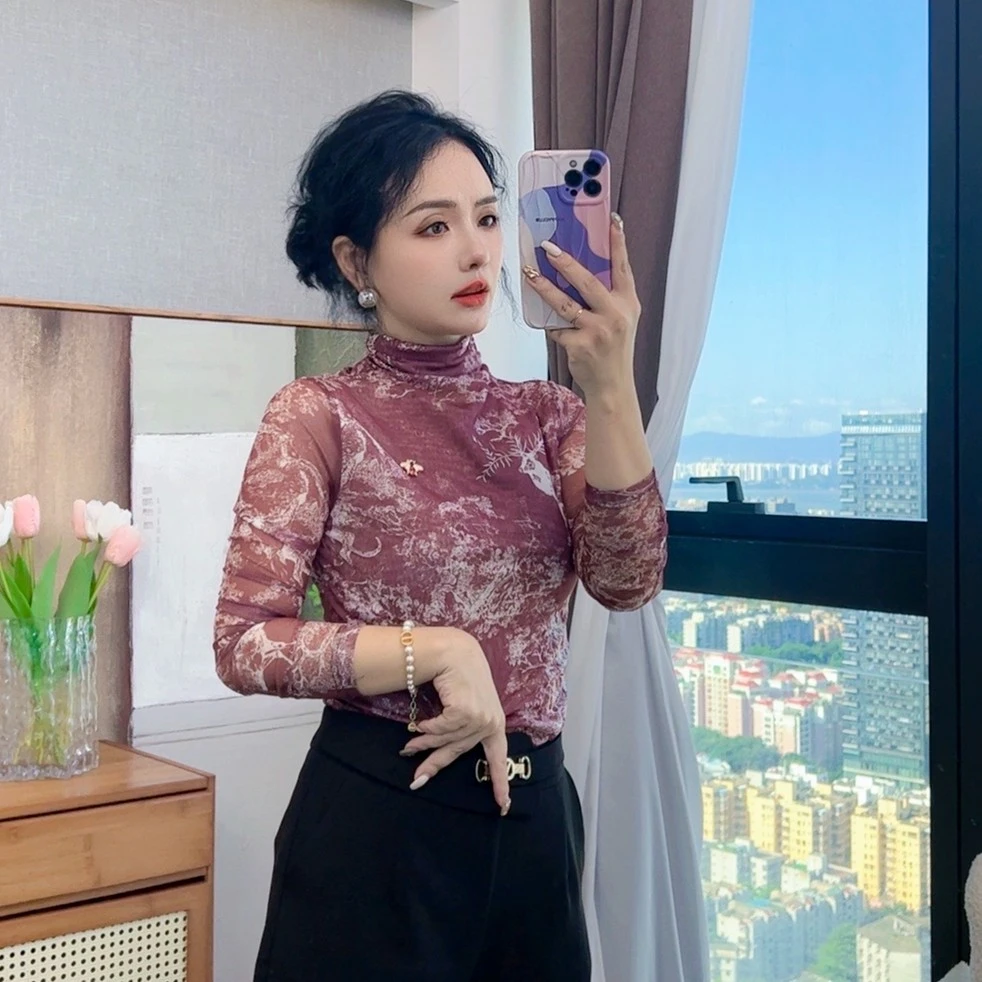 《叶子妃》高弹大码印花肌肤网打底衫显瘦82042 82041