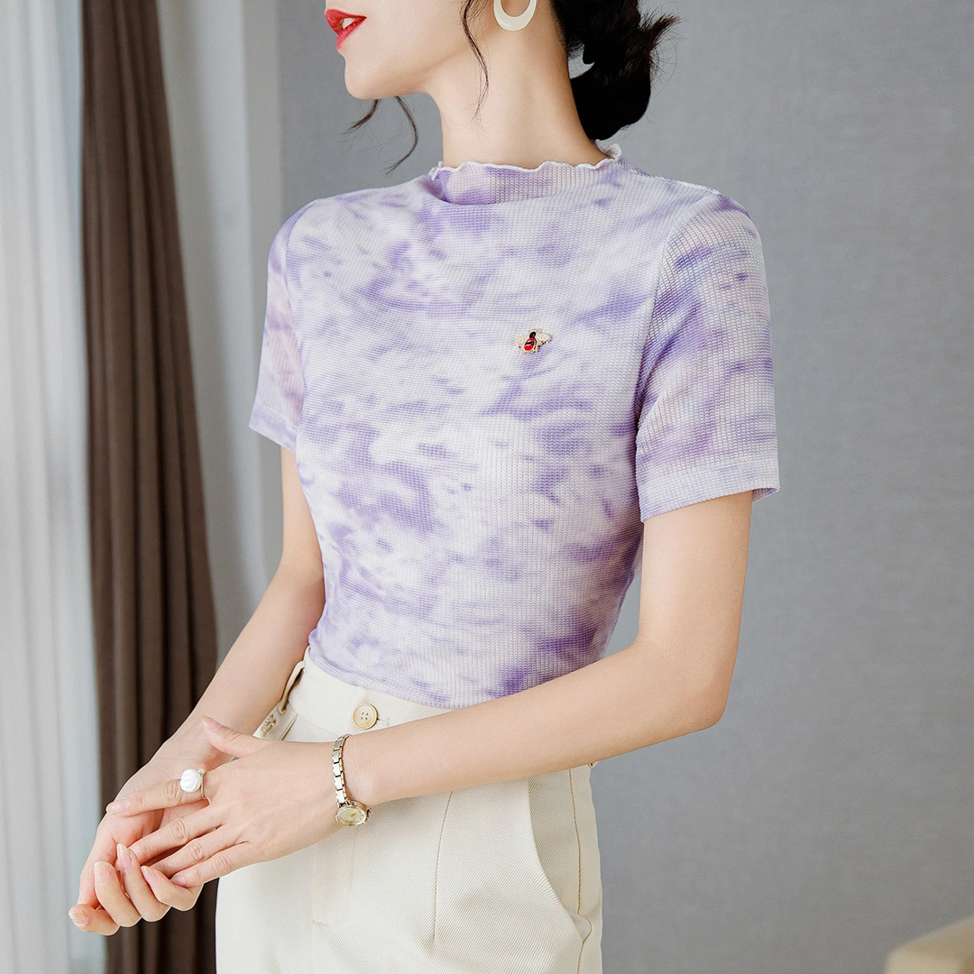 《叶子妃》2024秋款玉米格高弹冰爽上衣打底衫上衣80291