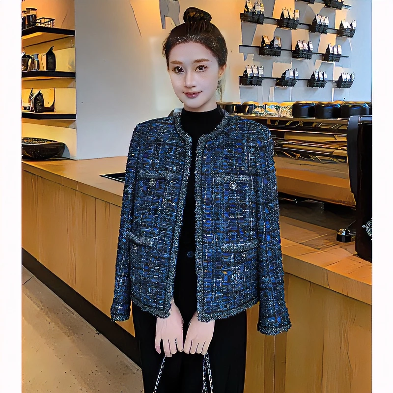 妖蓝高奢小香风编织外套女2025洋气新款法式名媛气质圆领短款上衣