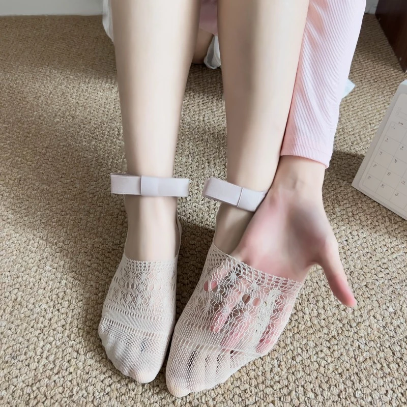 芭蕾风少女袜 洛丽塔镂空透气浅口隐形袜 女士jk蝴蝶结不掉跟船袜