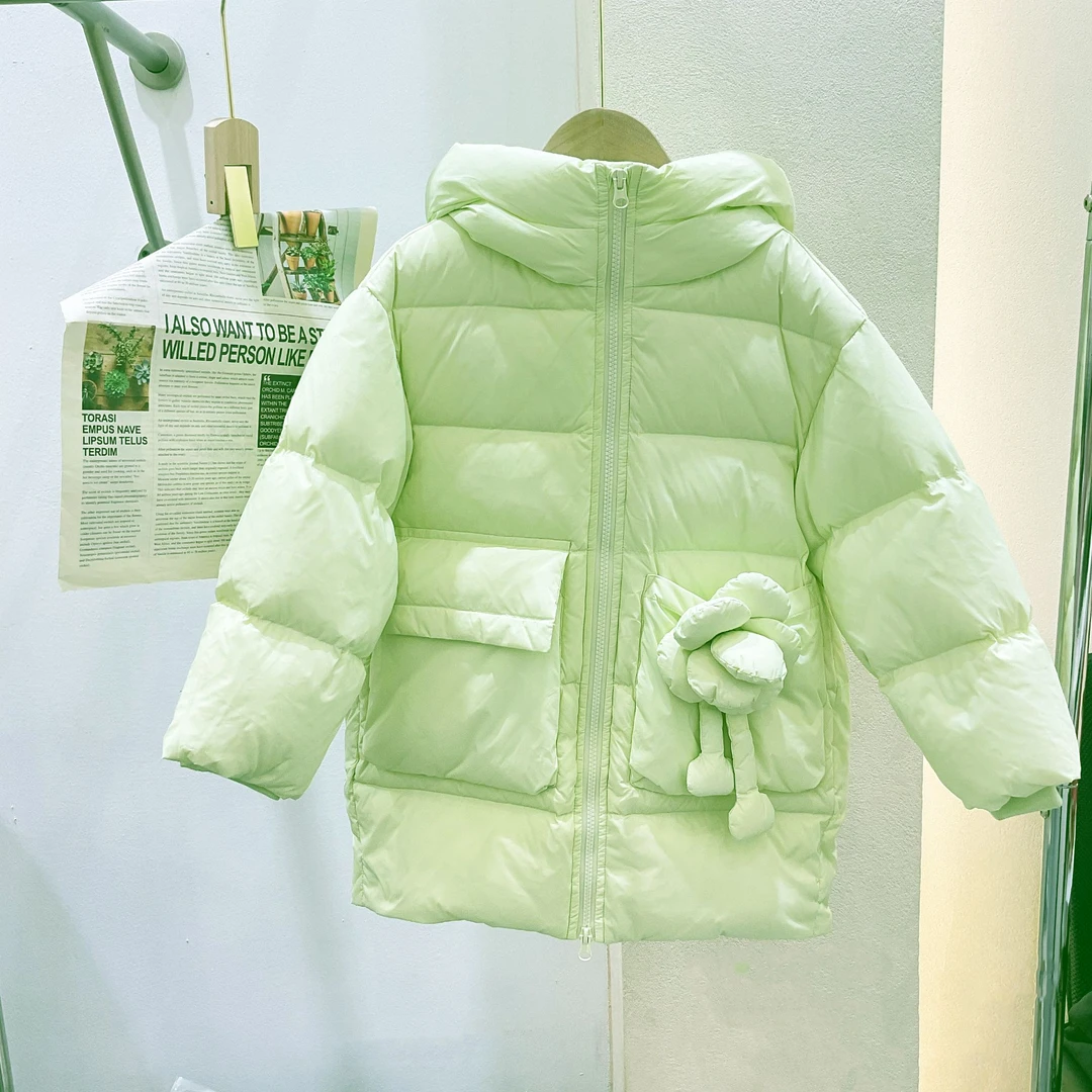 【果绿色黑色1020】小香风花朵设计款羽绒服黑色保暖连帽冬季中长款