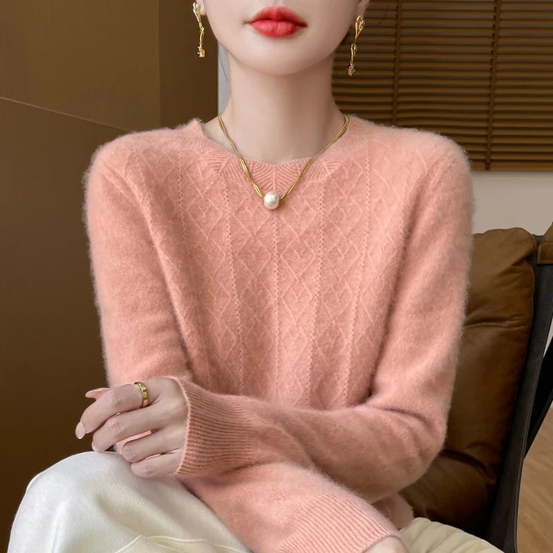 秋冬软糯100羊毛打底衫女圆领长袖内搭简约通勤修身上衣女