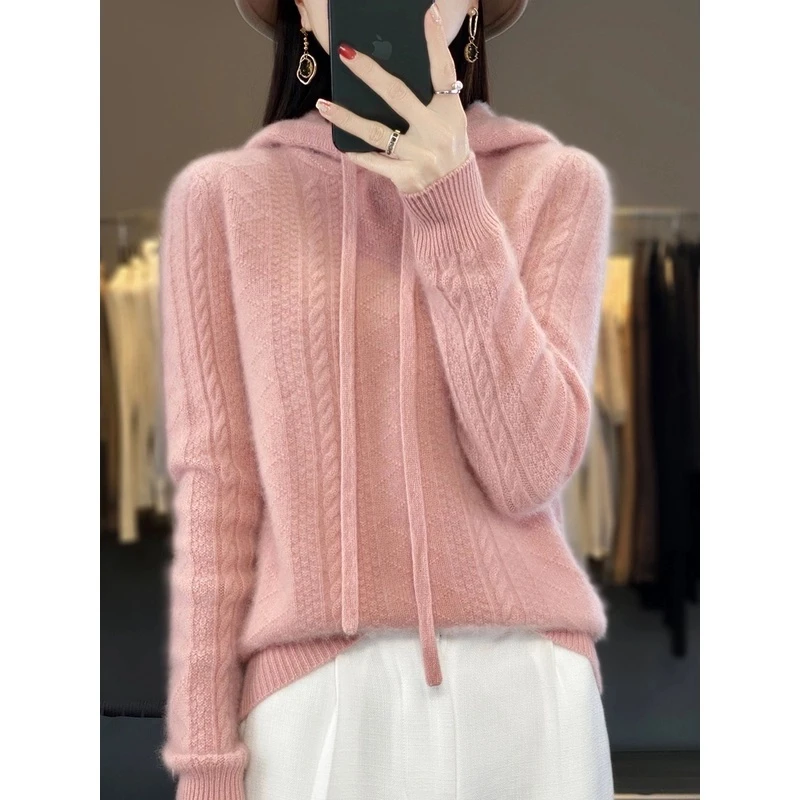 100%纯羊毛衫女套头宽松加厚休闲卫衣秋冬新款纯色连帽针织打底衫