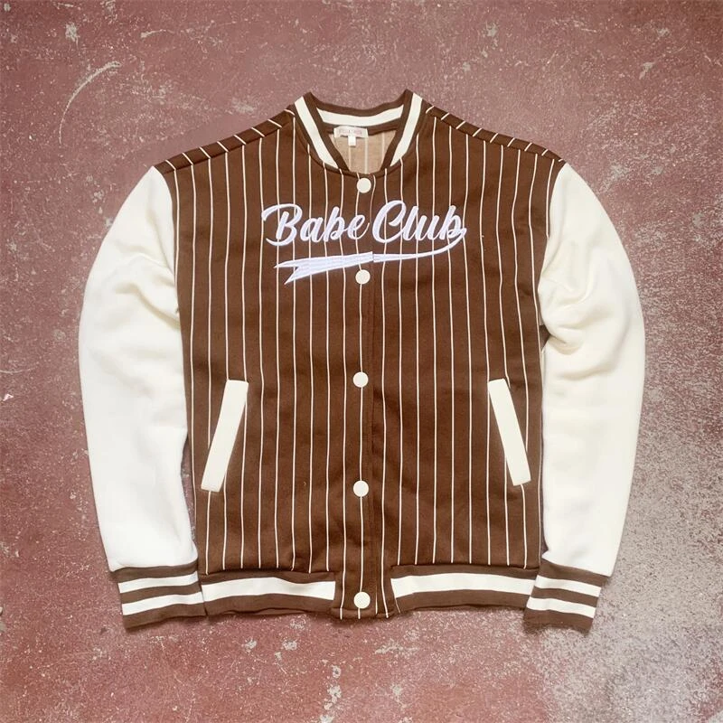 美式棒球秋季加绒纽扣开衫oversize全涤大码条纹刺绣运动外套男女