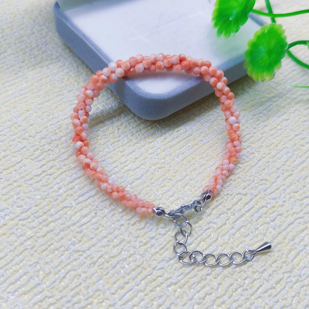 925银手链 时尚饰品手链粉色圆珠3条卷编织手链送女朋友生日礼物