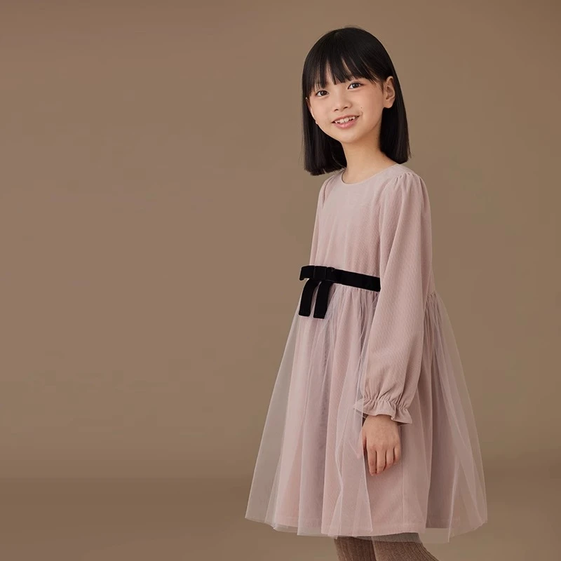 哈齿童装女宝粉色连衣裙儿童春秋季长袖裙子女童纱裙公主裙秋装裙