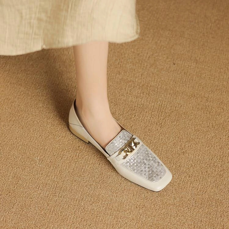 Y049 头层牛皮粗低跟一脚蹬拼色系真皮时尚单鞋