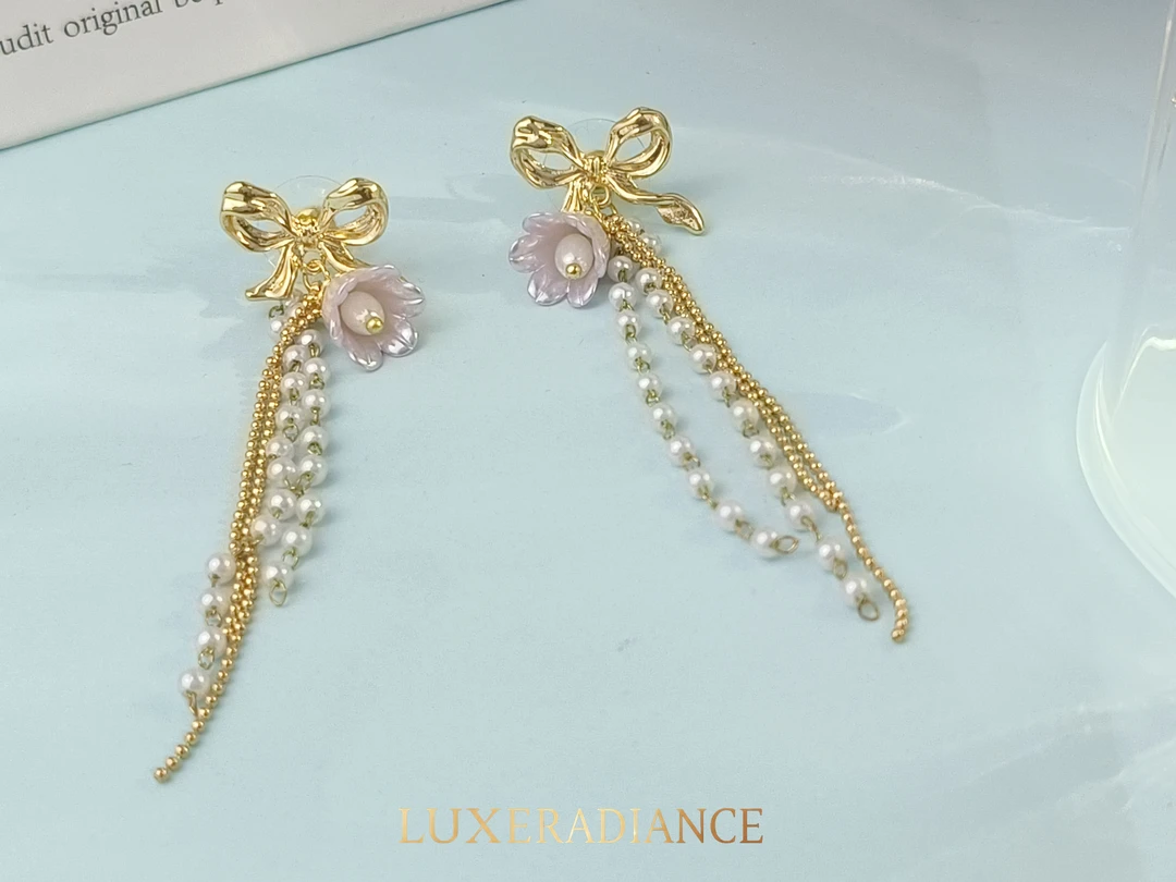 合金树脂耳饰 1006 紫色法式蝴蝶结复古珍珠流苏925银针耳环