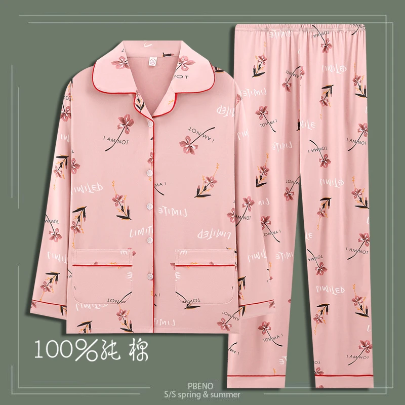 睡衣女士春秋季100%纯棉长袖家居服全棉夏季薄款中年妈妈大码套装