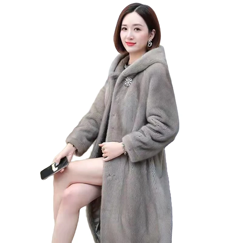 时尚大气欧貂外套女中长款连帽秋冬大衣