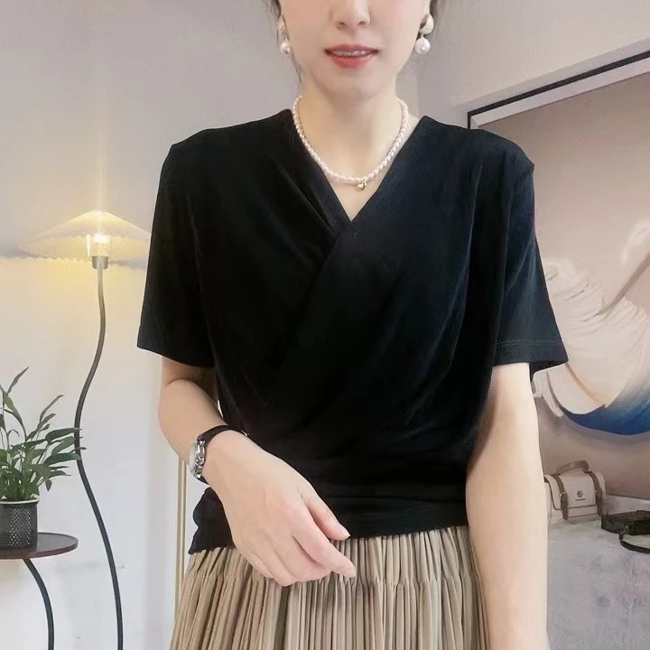 2024夏季新品时尚潮流显瘦气质百搭纯色简约醋酸女半袖