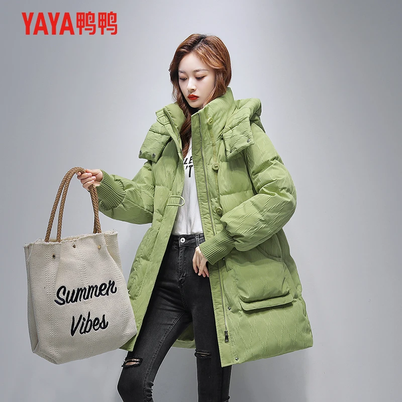 YAYA/鸭鸭羽绒服女中长款2023/冬季新款时尚潮流感百搭连帽外套女
