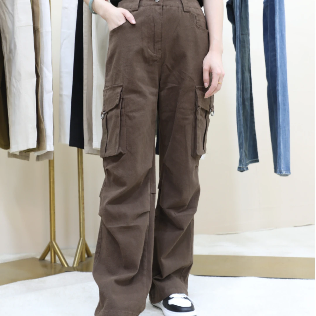 新款复古瘦版阔腿裤高腰工装裤高级设计感美式宽松直筒裤子