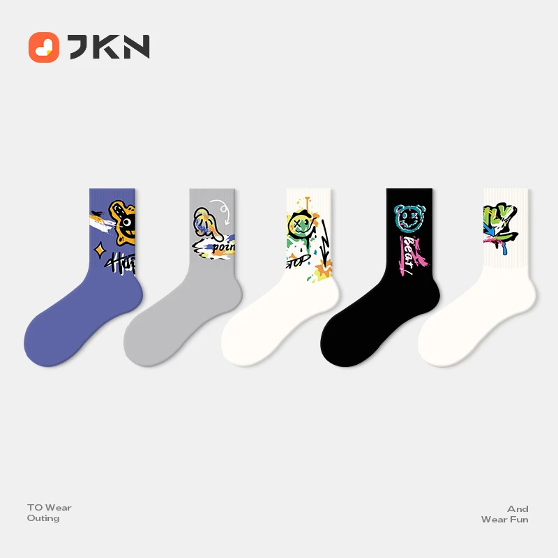 JKN街头涂鸦袜子男潮流中筒袜女ins潮篮球滑板情侣百搭运动长袜棉