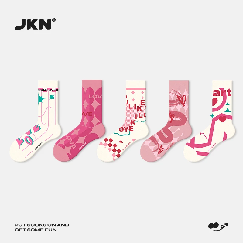 JKN原创礼盒装粉色情侣中筒袜潮流袜子女七夕礼物多巴胺花长袜棉